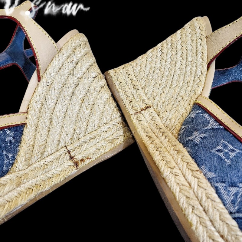 Louis vuitton 藍色丹寧緹花布楔形跟鞋-8