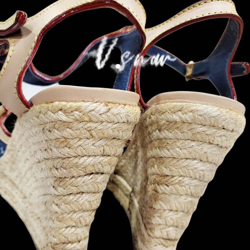 Louis vuitton 藍色丹寧緹花布楔形跟鞋-11