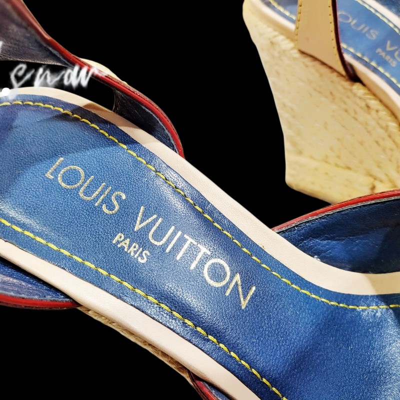 Louis vuitton 藍色丹寧緹花布楔形跟鞋-12