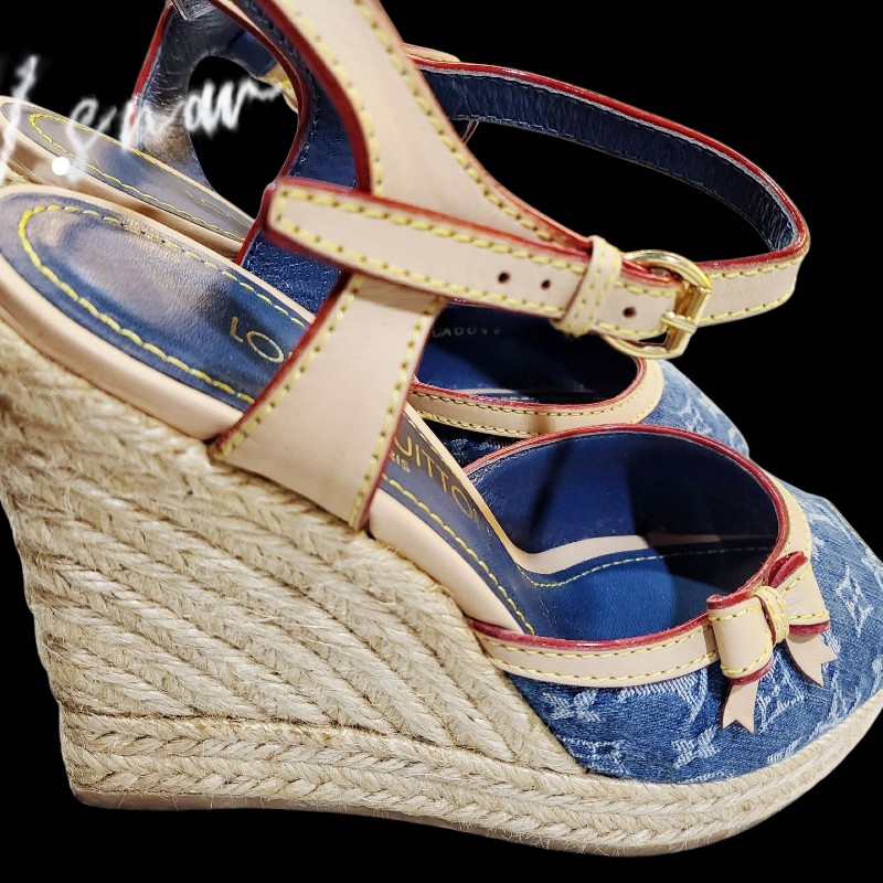 Louis vuitton 藍色丹寧緹花布楔形跟鞋-16