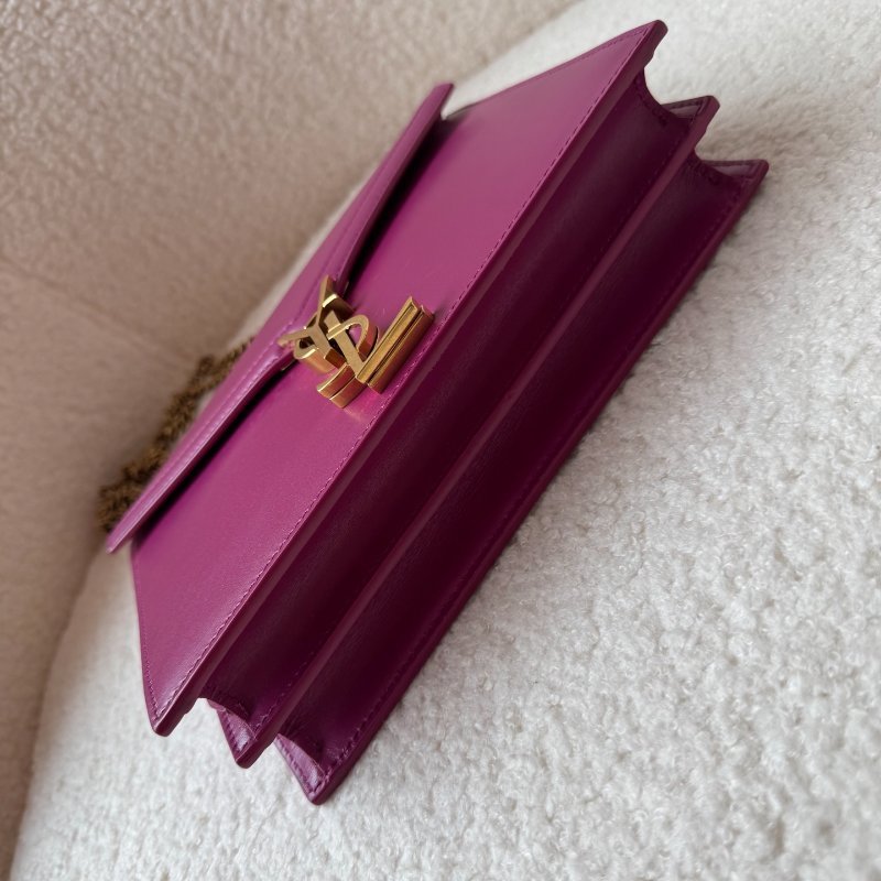YSL 風琴包 牛皮玫紅色金扣斜背包 99新 配件塵袋-4