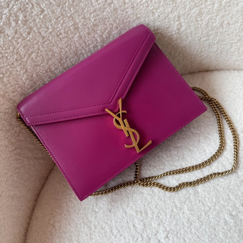 YSL 風琴包 牛皮玫紅色金扣斜背包 99新 配件塵袋-5