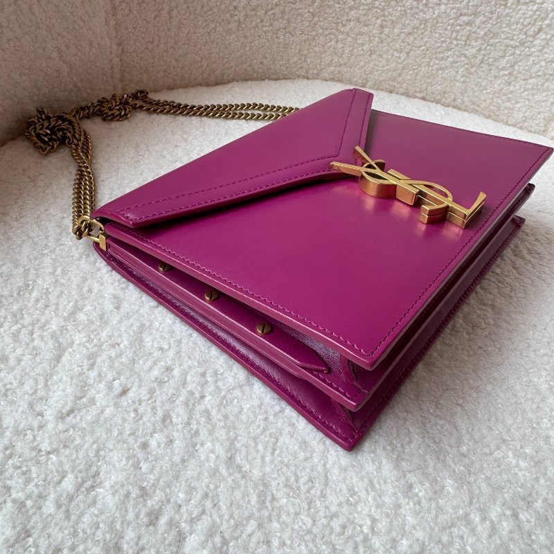 YSL 風琴包 牛皮玫紅色金扣斜背包 99新 配件塵袋-6
