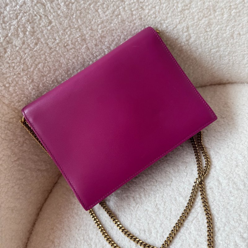 YSL 風琴包 牛皮玫紅色金扣斜背包 99新 配件塵袋-7