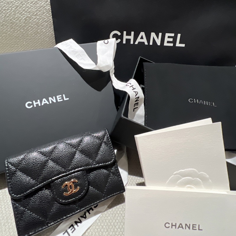 Chanel 3折荔枝牛皮 淡金釦短夾-0