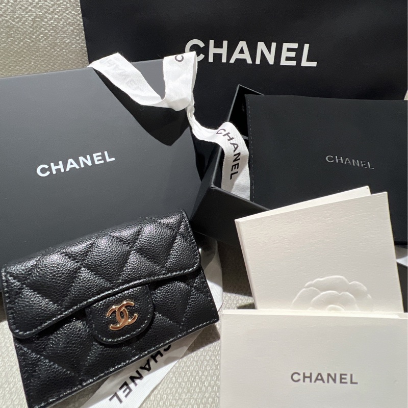 Chanel 3折荔枝牛皮 淡金釦短夾-5