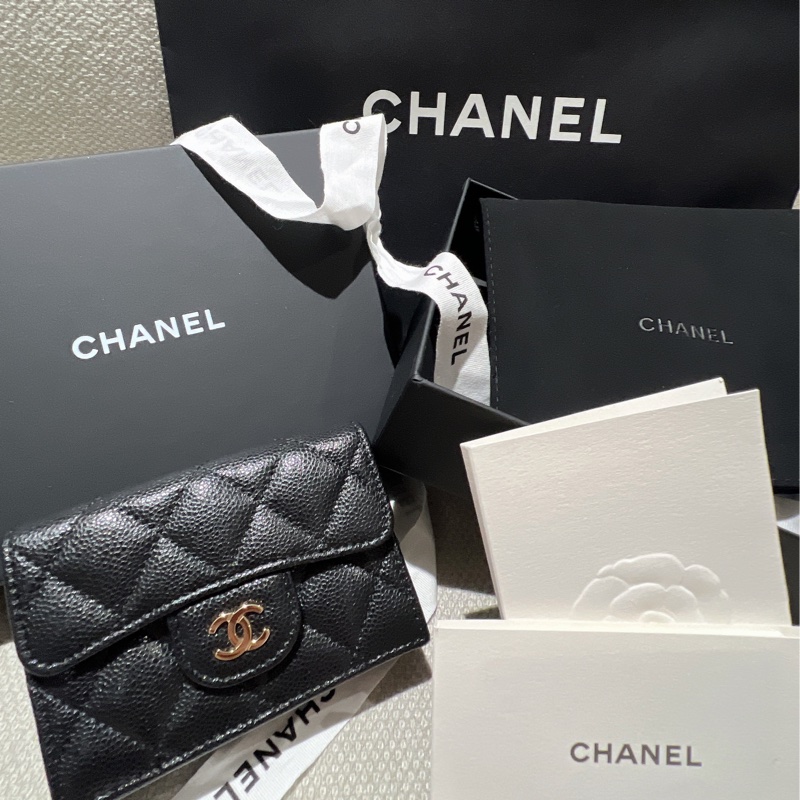 Chanel 3折荔枝牛皮 淡金釦短夾-8