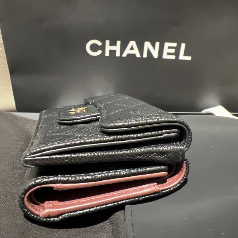 Chanel 3折荔枝牛皮 淡金釦短夾-9