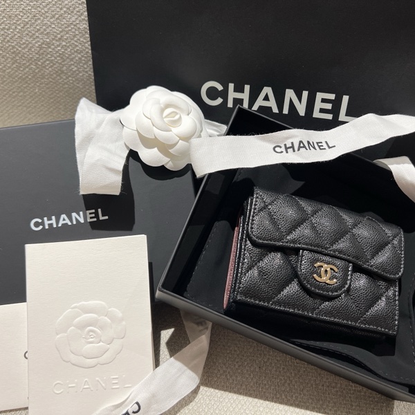 Chanel 3折荔枝牛皮 淡金釦短夾-15
