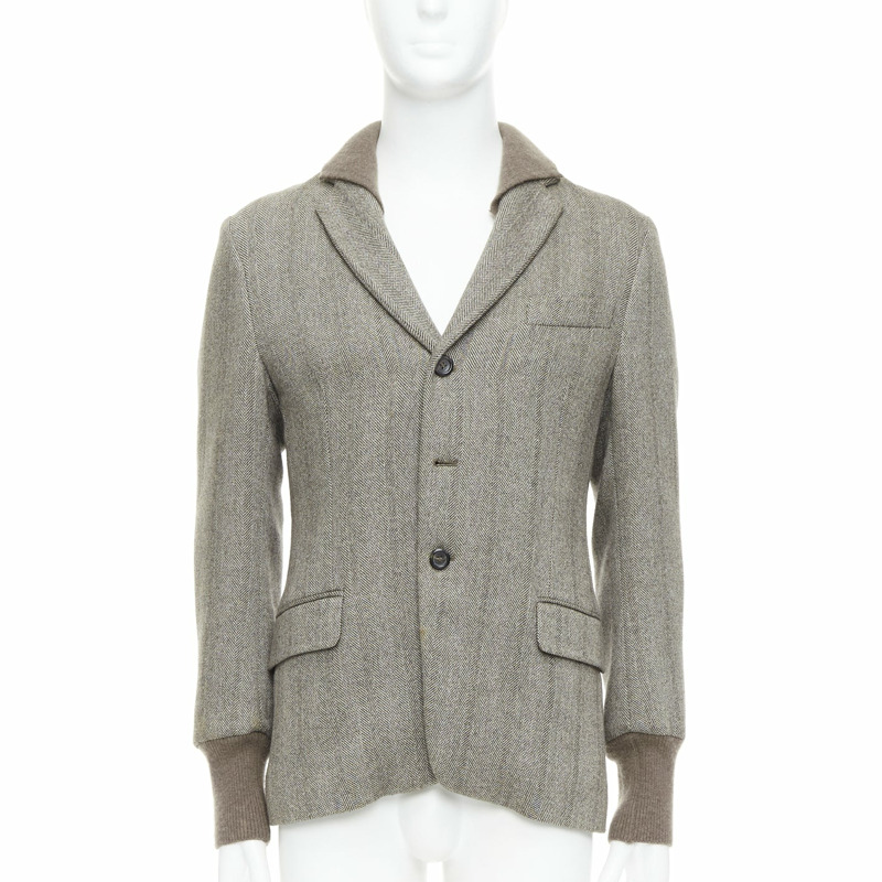 YVES SAINT LAURENT brown herringbone cashmere silk layered collar jacket FR48 M-0