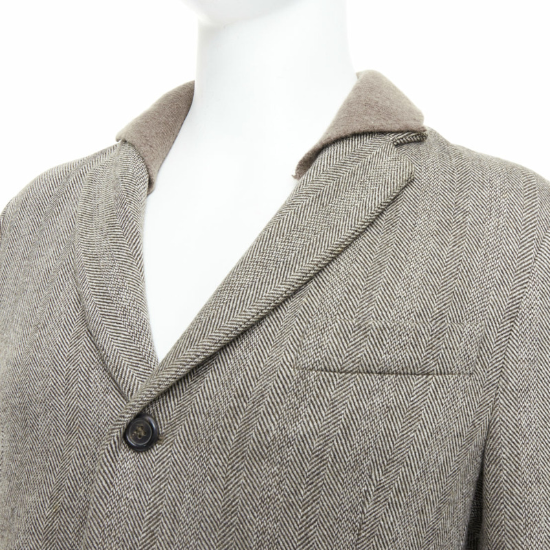 YVES SAINT LAURENT brown herringbone cashmere silk layered collar jacket FR48 M-1