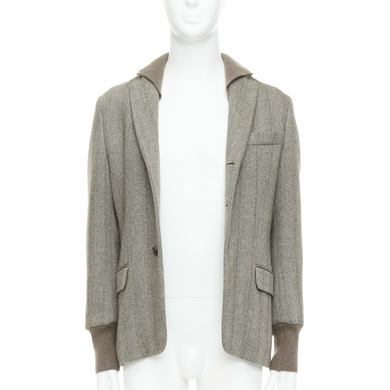 YVES SAINT LAURENT brown herringbone cashmere silk layered collar jacket FR48 M-2