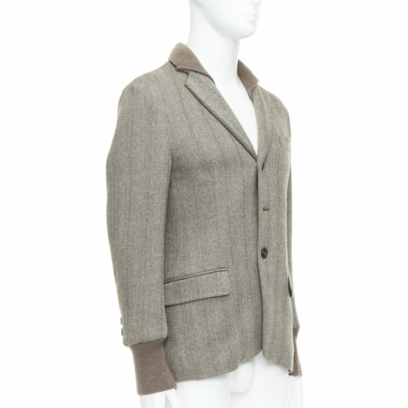 YVES SAINT LAURENT brown herringbone cashmere silk layered collar jacket FR48 M-3