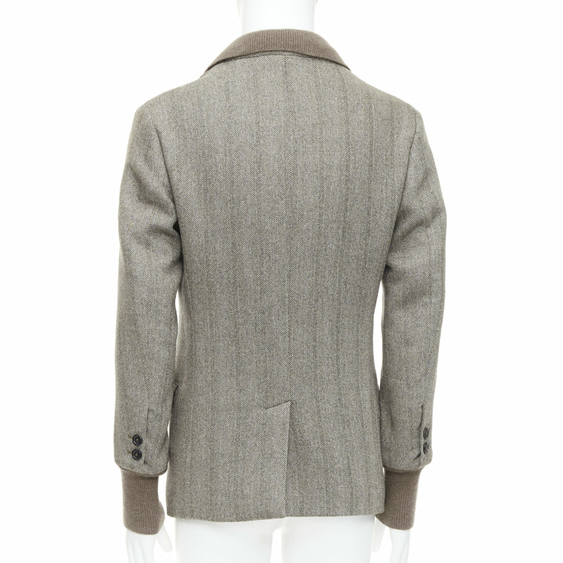 YVES SAINT LAURENT brown herringbone cashmere silk layered collar jacket FR48 M-5