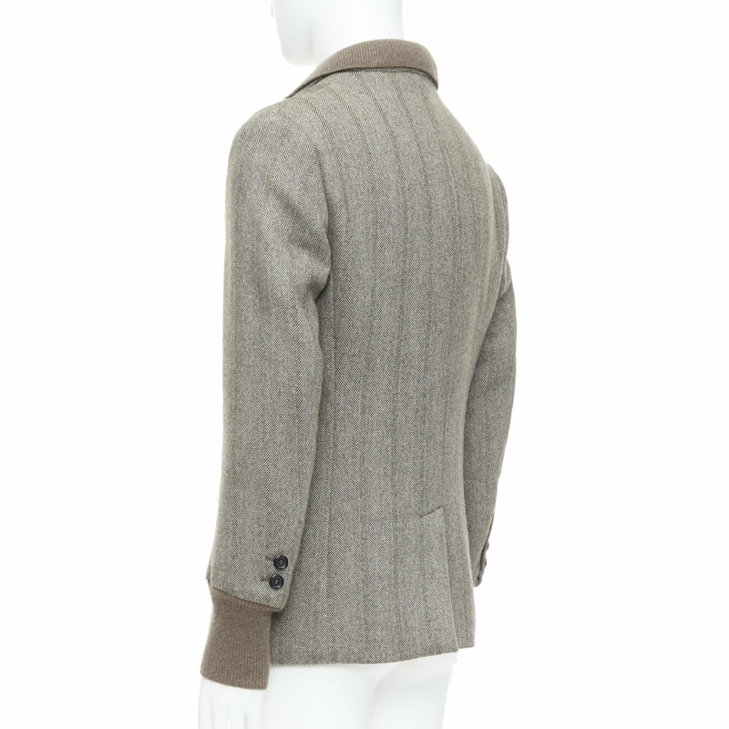 YVES SAINT LAURENT brown herringbone cashmere silk layered collar jacket FR48 M-6