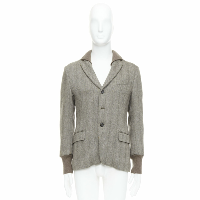YVES SAINT LAURENT brown herringbone cashmere silk layered collar jacket FR48 M-9