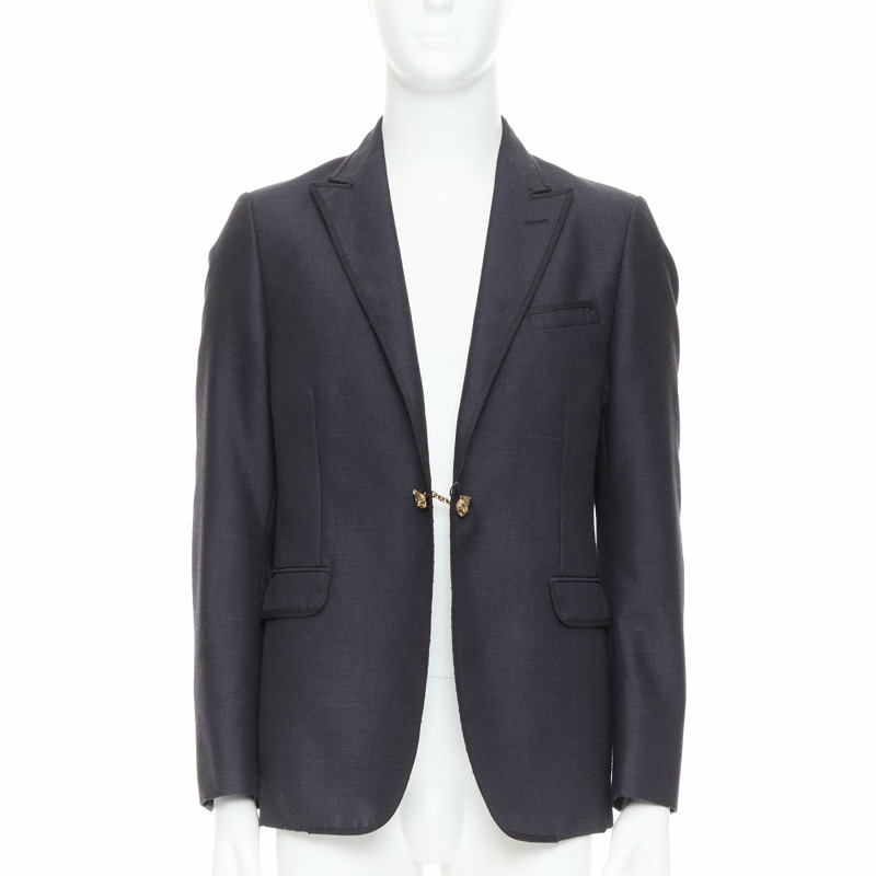 GUCCI Alessandro Michele grey wool mohair dual bronze tiger button blazer IT52 XL-0