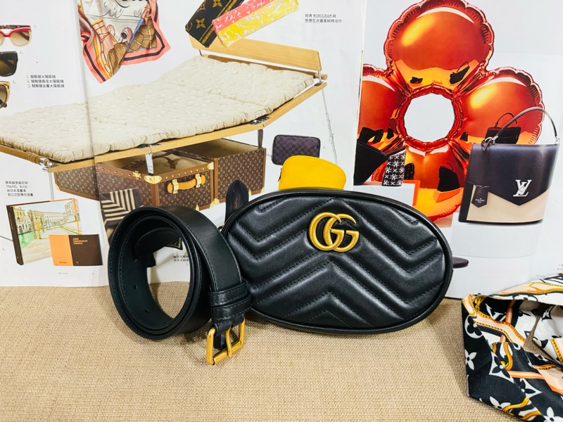 售二手 真品  【GUCCI 古馳】馬夢 476434 黑色雙 G LOGO 腰包/胸背包/手拿包/皮帶-0