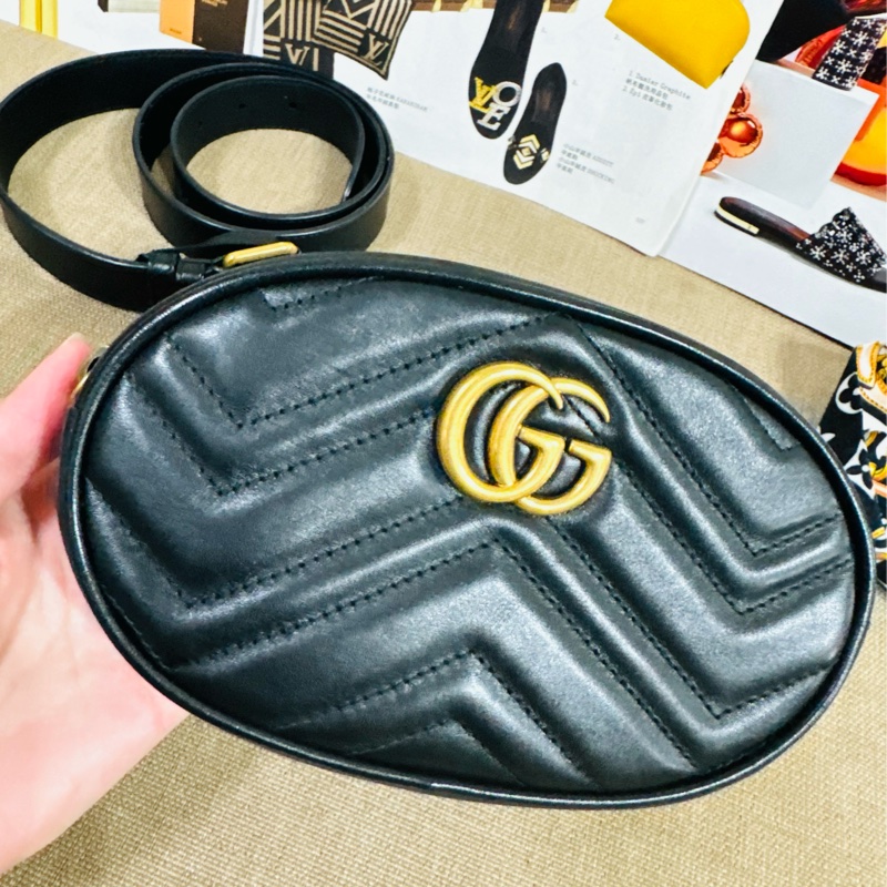 售二手 真品  【GUCCI 古馳】馬夢 476434 黑色雙 G LOGO 腰包/胸背包/手拿包/皮帶-32