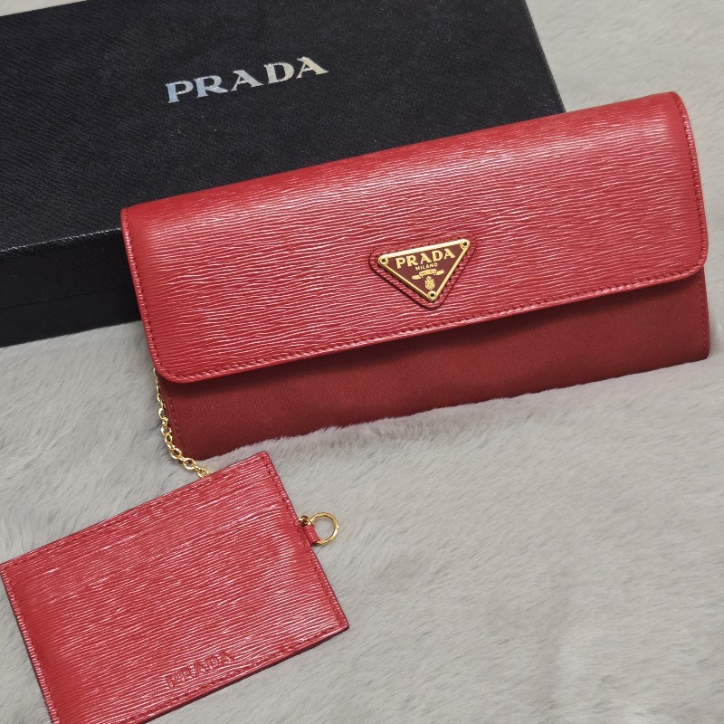 PRADA 釦式掀蓋長夾 發財長夾 紅色 附可拆卸的證件/照片夾-2