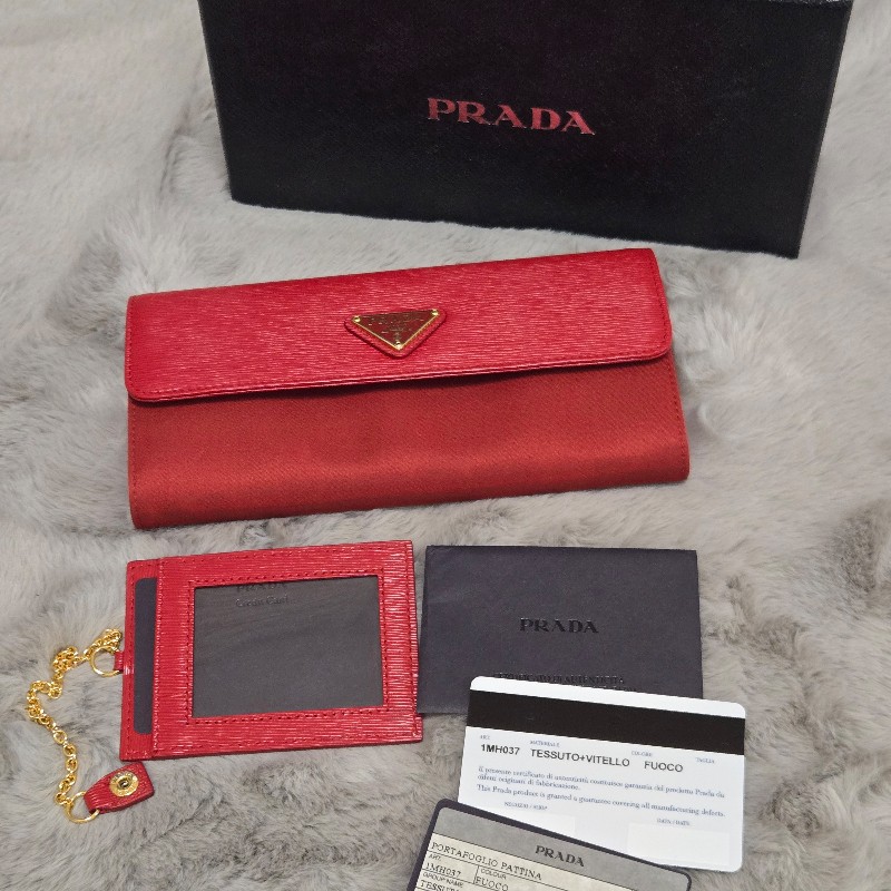 PRADA 釦式掀蓋長夾 發財長夾 紅色 附可拆卸的證件/照片夾-3
