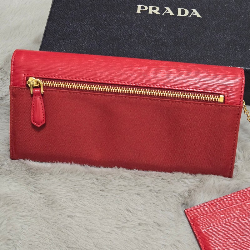 PRADA 釦式掀蓋長夾 發財長夾 紅色 附可拆卸的證件/照片夾-7