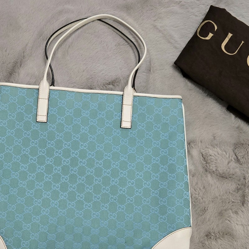 Gucci 古馳 Gucci GG logo 綠松石白色皮革包邊托特包 媽媽包-2