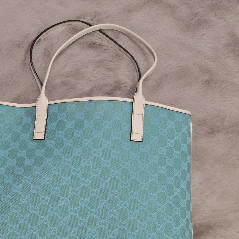 Gucci 古馳 Gucci GG logo 綠松石白色皮革包邊托特包 媽媽包-4