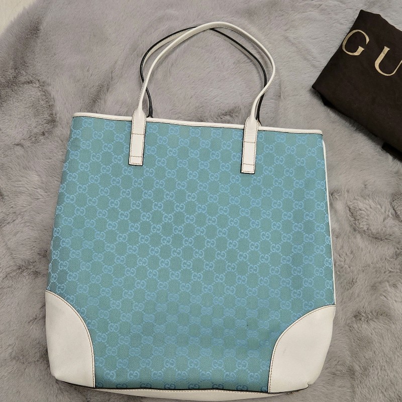 Gucci 古馳 Gucci GG logo 綠松石白色皮革包邊托特包 媽媽包-9