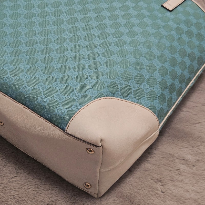 Gucci 古馳 Gucci GG logo 綠松石白色皮革包邊托特包 媽媽包-12
