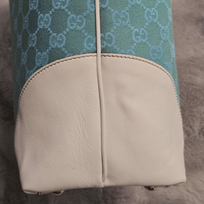 Gucci 古馳 Gucci GG logo 綠松石白色皮革包邊托特包 媽媽包-16