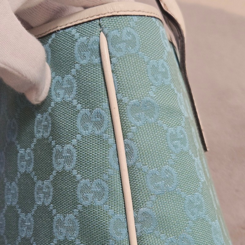 Gucci 古馳 Gucci GG logo 綠松石白色皮革包邊托特包 媽媽包-18
