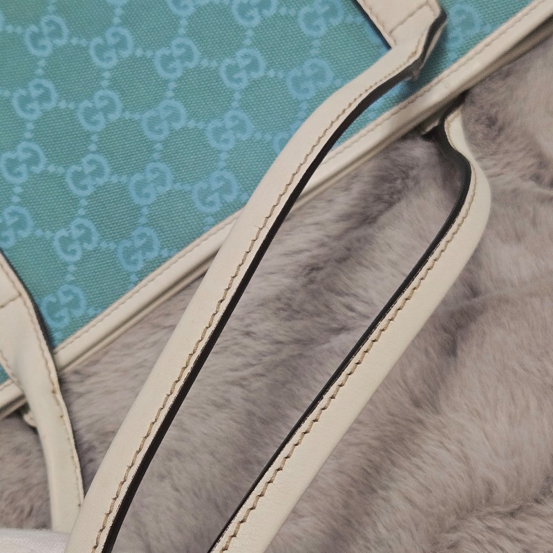 Gucci 古馳 Gucci GG logo 綠松石白色皮革包邊托特包 媽媽包-28