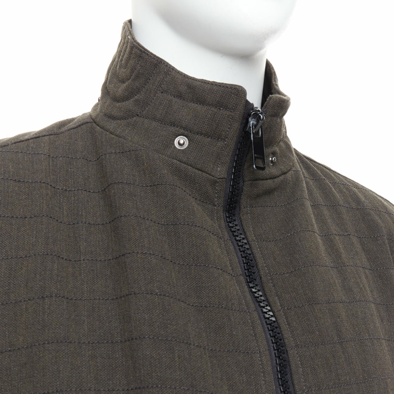 BURBERRY khaki green wool blend black zip overstitch biker jacket IT48 M-1