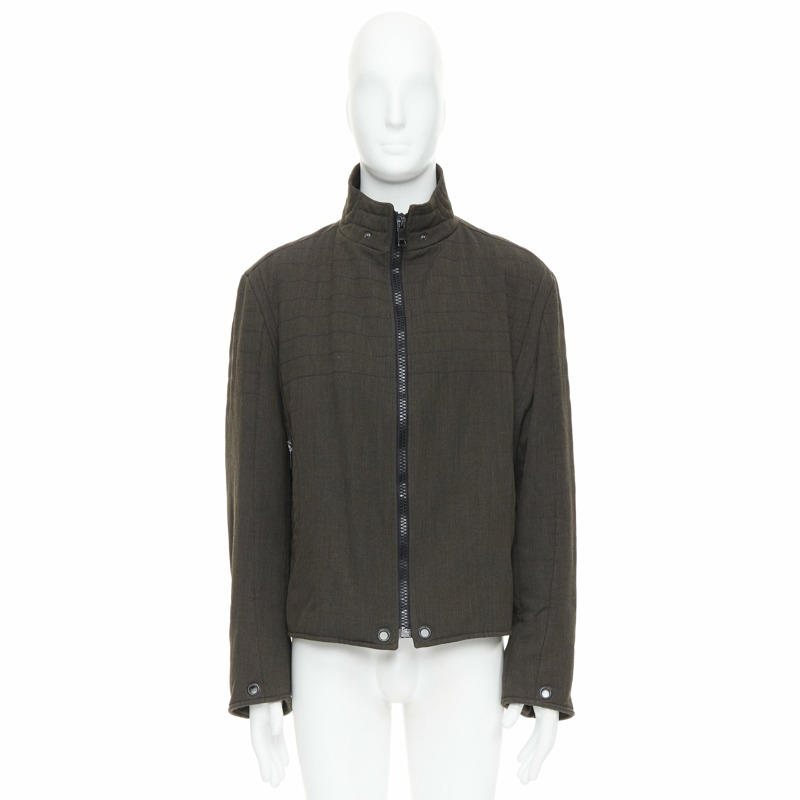 BURBERRY khaki green wool blend black zip overstitch biker jacket IT48 M-9