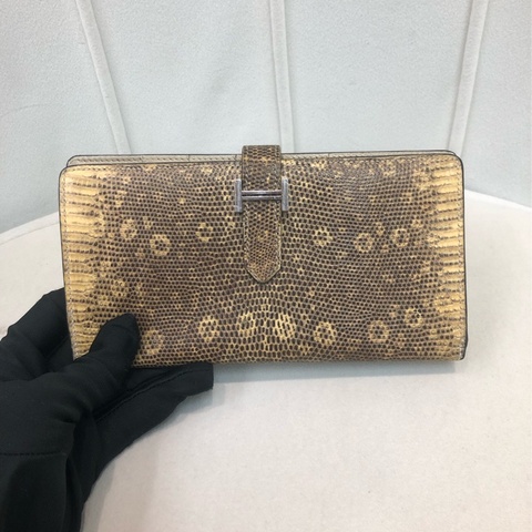 Hermes Bearn 黃啡色蜥蜴皮長銀包 O167NY