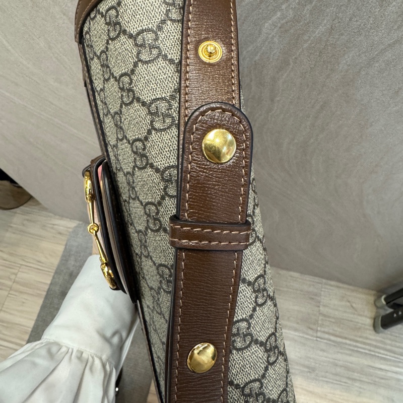 GUCCI原花拚烏木色牛皮1955 馬銜釦肩側背包602204-19