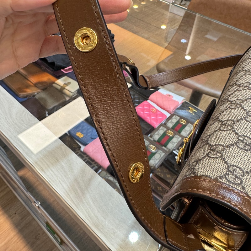 GUCCI原花拚烏木色牛皮1955 馬銜釦肩側背包602204-21