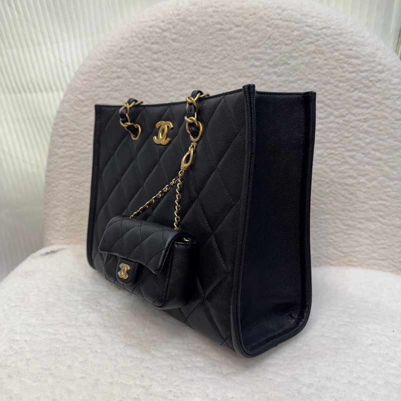 Chanel黑魚子醬牛皮金釦小包吊飾托特包AS4940-1