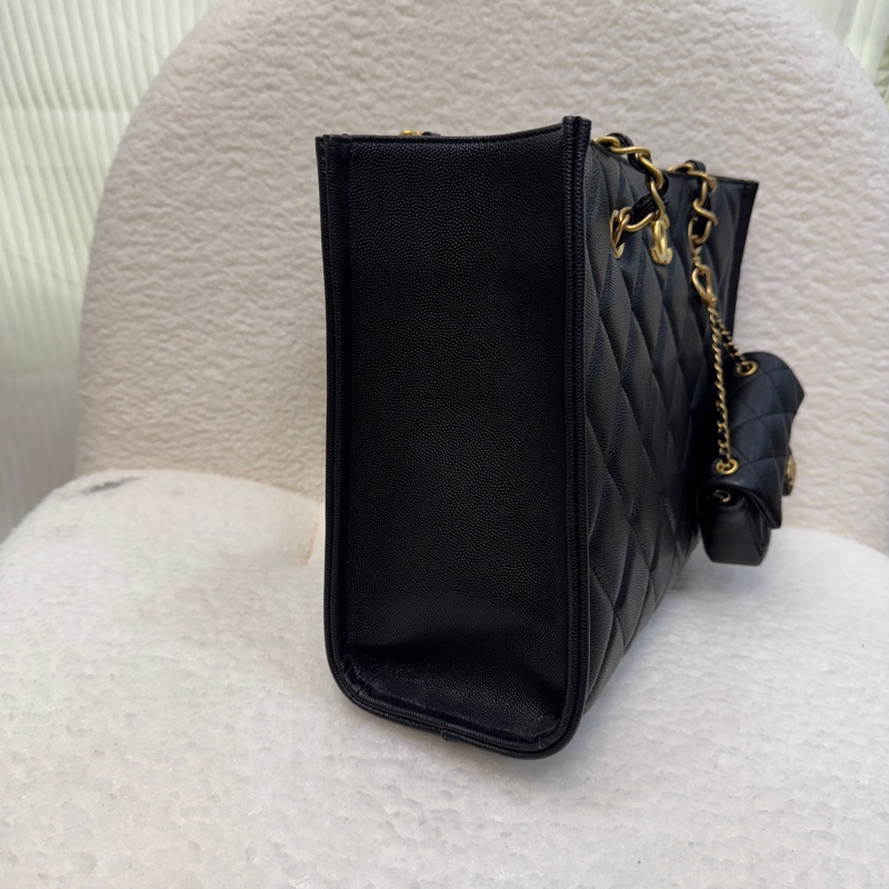 Chanel黑魚子醬牛皮金釦小包吊飾托特包AS4940-2