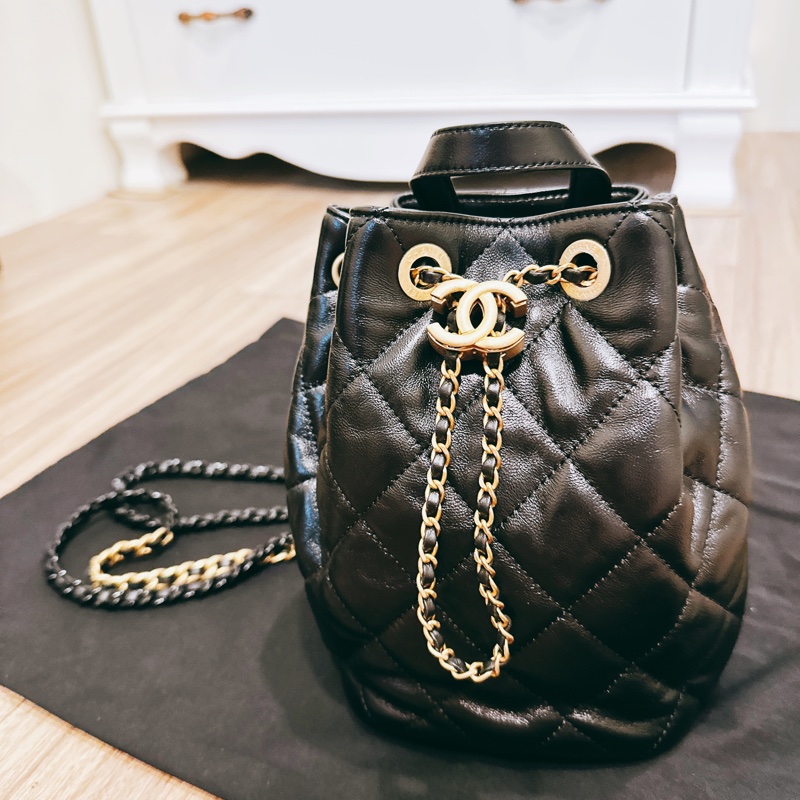 Chanel 香奈兒二手經典黑水桶包雙色鍊後背包斜背包-0