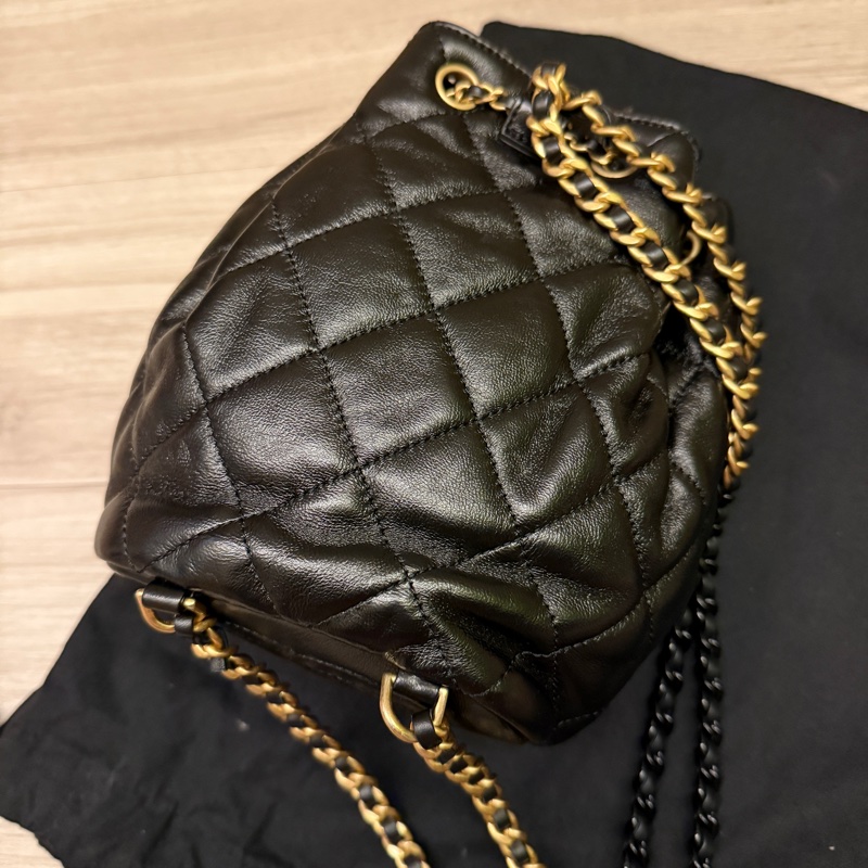 Chanel 香奈兒二手經典黑水桶包雙色鍊後背包斜背包-9