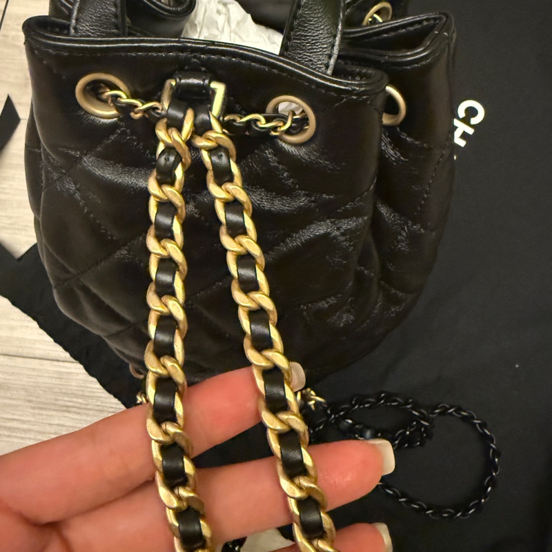 Chanel 香奈兒二手經典黑水桶包雙色鍊後背包斜背包-15