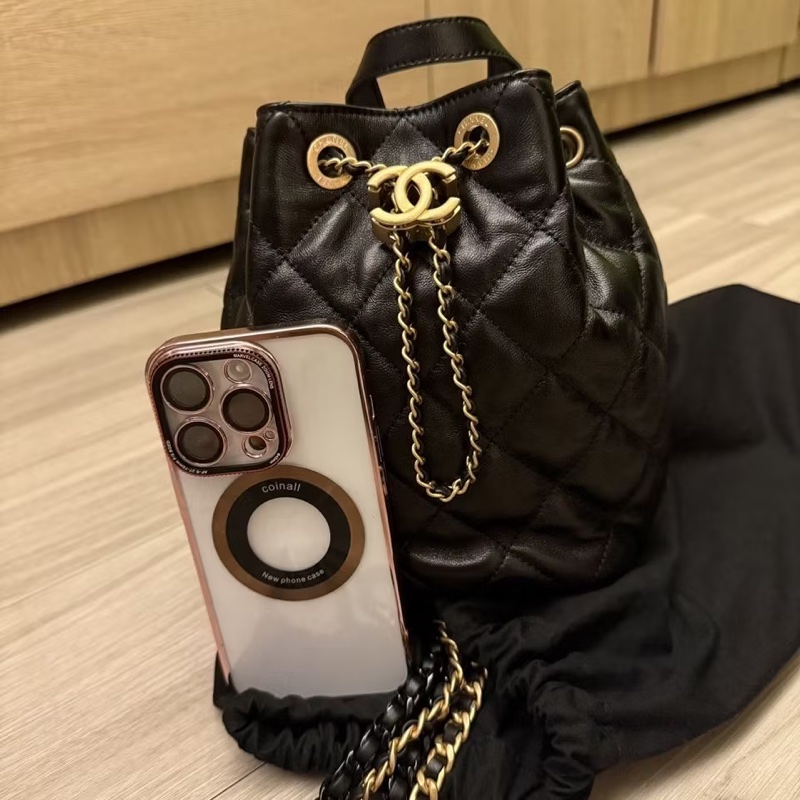 Chanel 香奈兒二手經典黑水桶包雙色鍊後背包斜背包-7