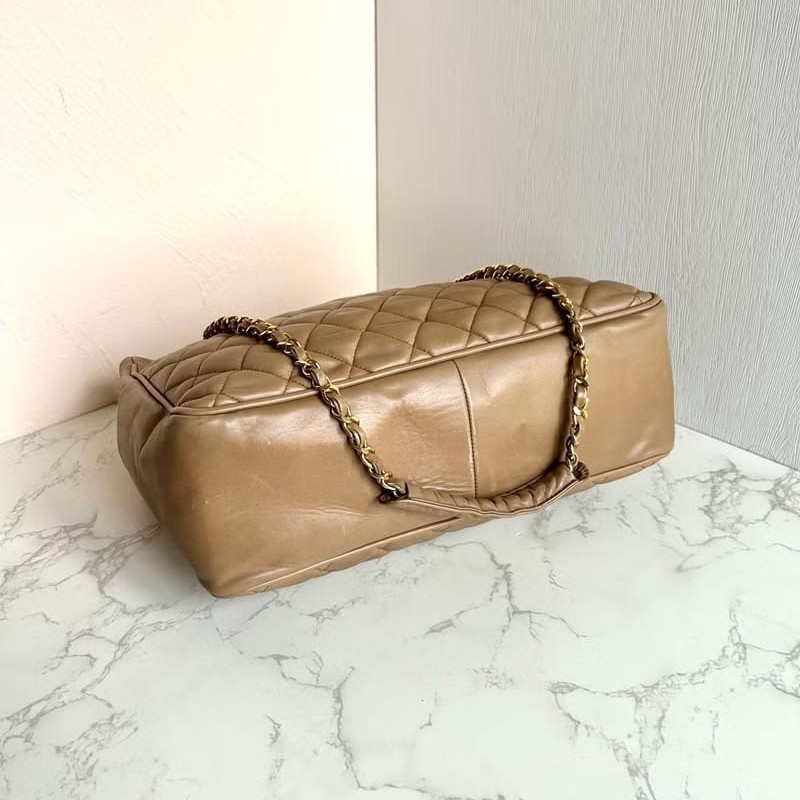 【LA LUNE】絕版古董包 Chanel杏色菱格鏈條托特包 側背包 單肩包 中古二手包-1