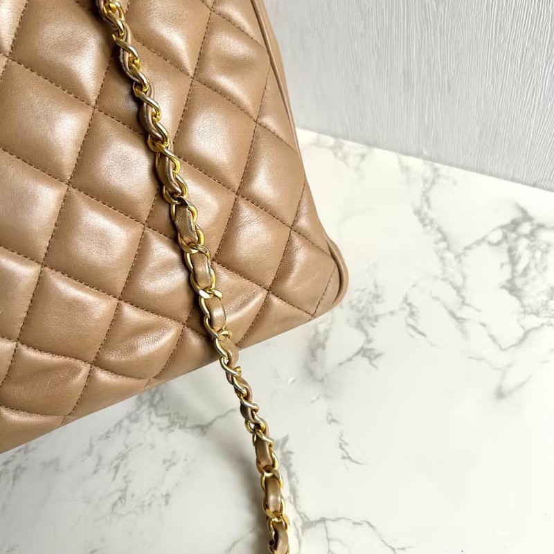 【LA LUNE】絕版古董包 Chanel杏色菱格鏈條托特包 側背包 單肩包 中古二手包-4