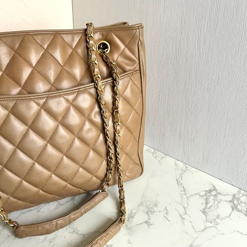 【LA LUNE】絕版古董包 Chanel杏色菱格鏈條托特包 側背包 單肩包 中古二手包-6