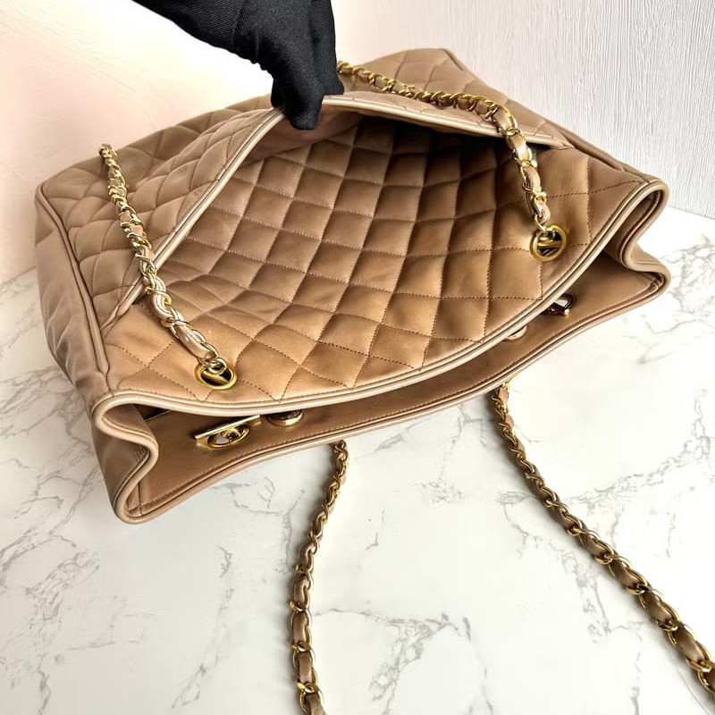 【LA LUNE】絕版古董包 Chanel杏色菱格鏈條托特包 側背包 單肩包 中古二手包-8