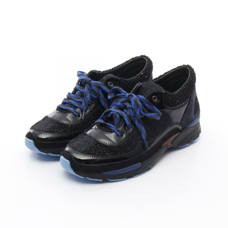 香奈兒運動鞋 運動鞋 琺瑯皮革 黑色 藍色 二手 女款 38 號 CC-0