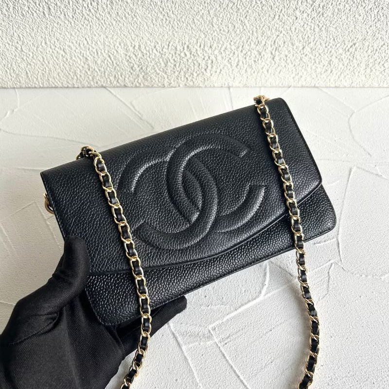 【LA LUNE】稀有中古包 Chanel黑色魚子醬皮革WOC斜背包 長夾 單肩包 側背包-0